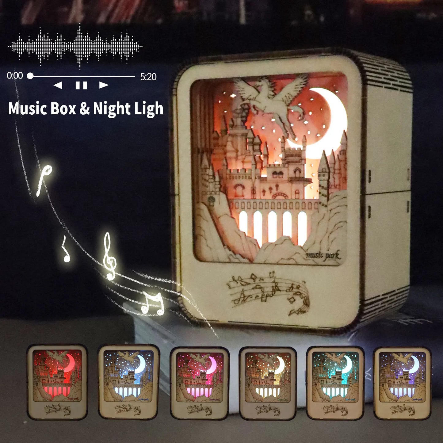 Music Park 3D Wooden Puzzles Castle Music Box Night Light DIY Crafts Model Kits Birthday and Christmas Gifts