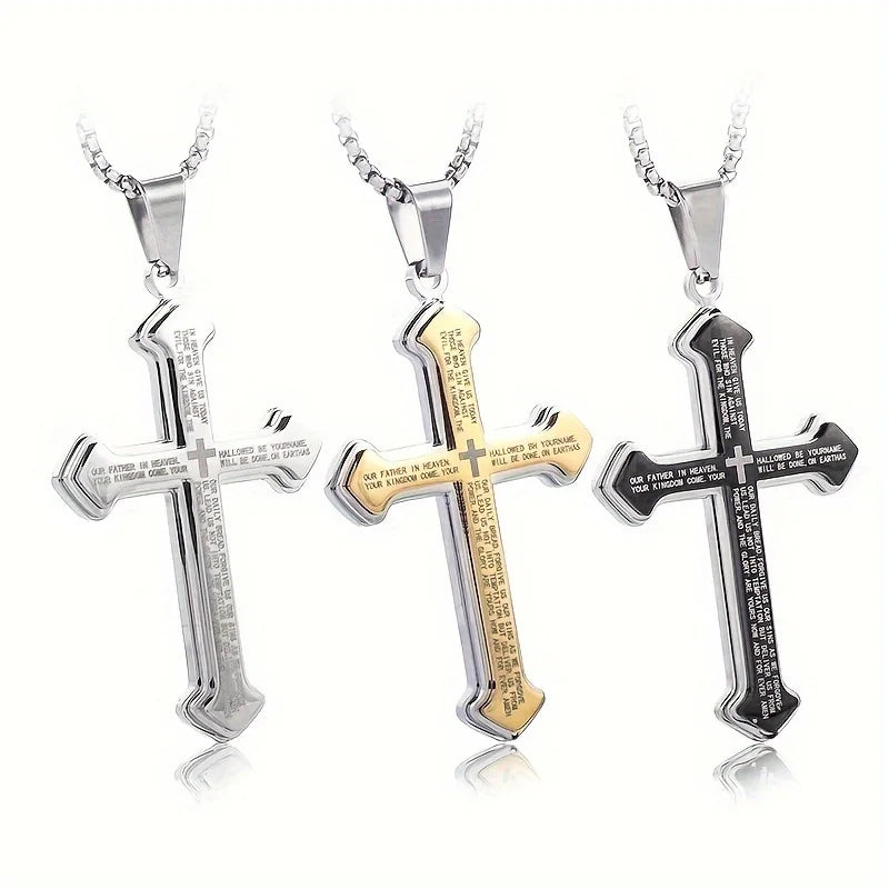 Stainless Steel Christian Bible Cross Pendant Necklace