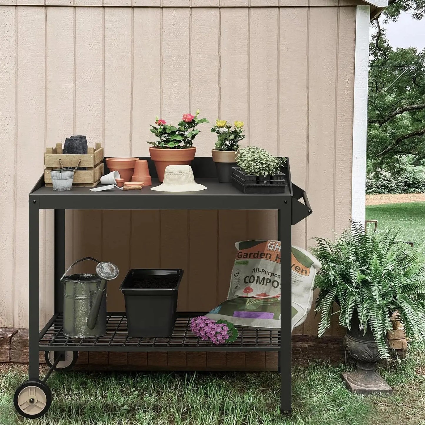 Metal Potting Bench with Wheels