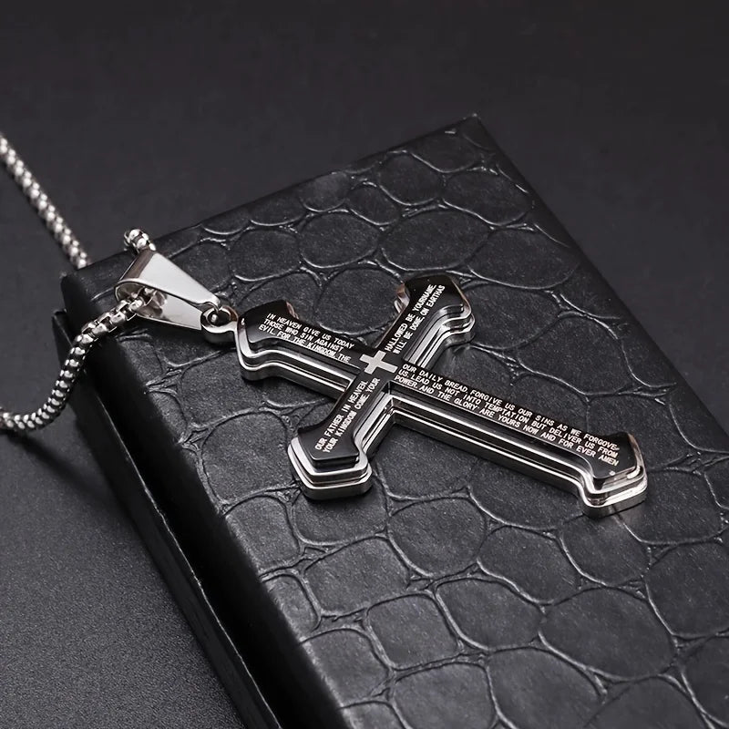 Stainless Steel Christian Bible Cross Pendant Necklace