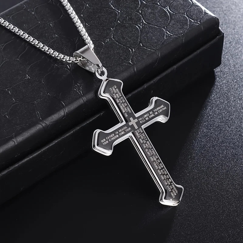 Stainless Steel Christian Bible Cross Pendant Necklace